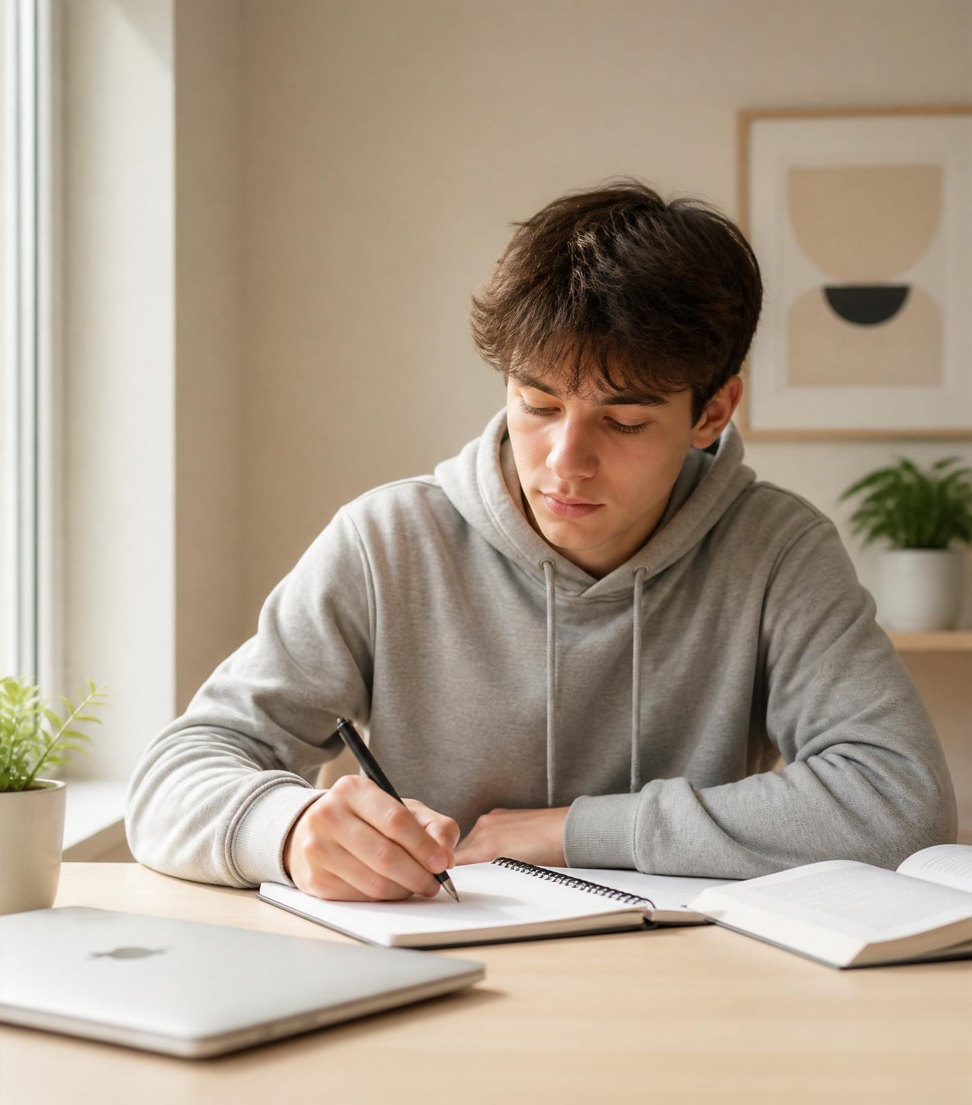Student focused at a bright desk with a notebook
